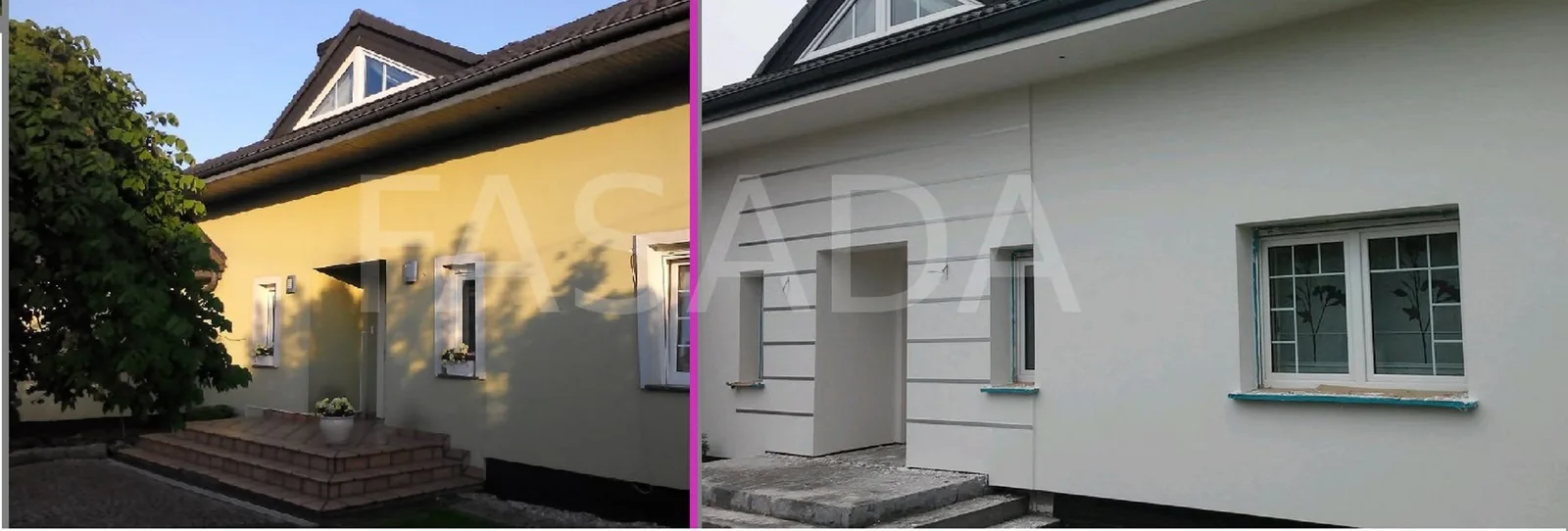 Older house with dark render before the redesign, next to the new light facade proposed for it