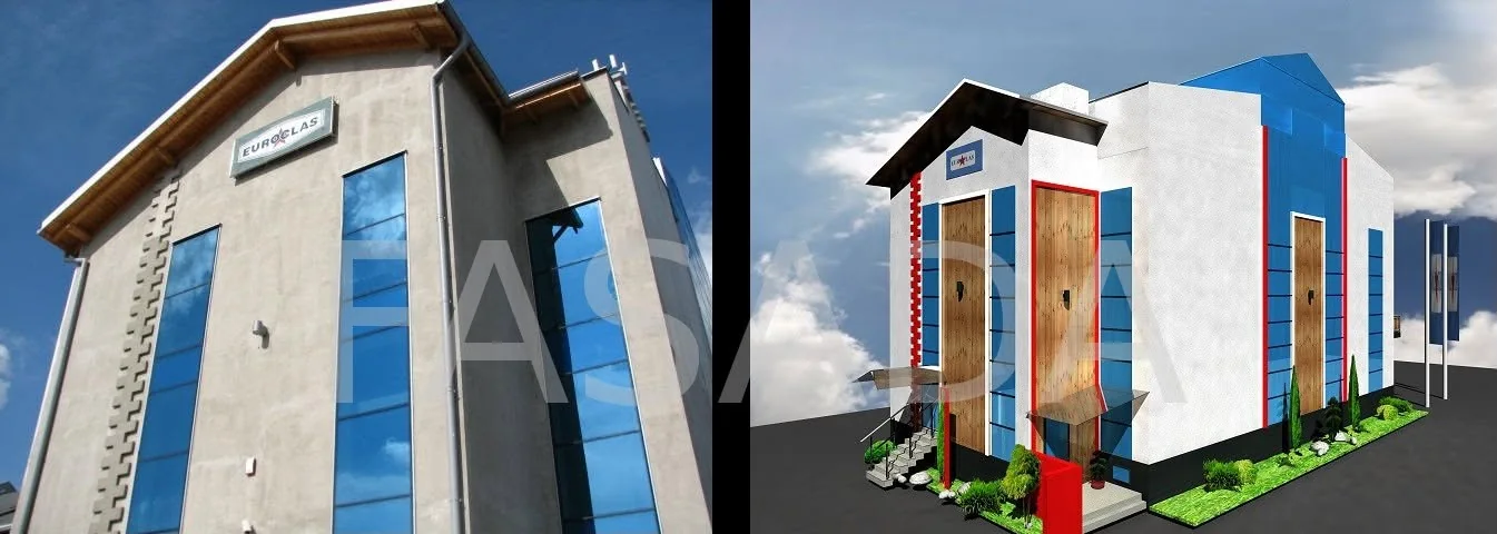 Commercial building before renovation and its redesigned facade with panels and colour accents
