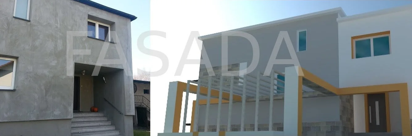 Grey unfinished house wall and the design with a bright render and timber terrace screen