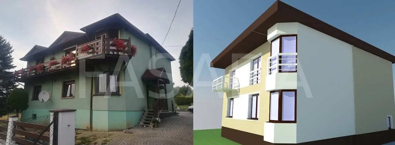 House with a cluttered balcony before and the calmer redesigned facade after
