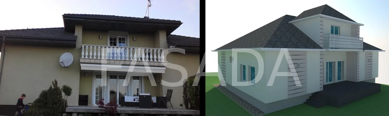 Dated house facade and the new scheme in white render with a dark roof