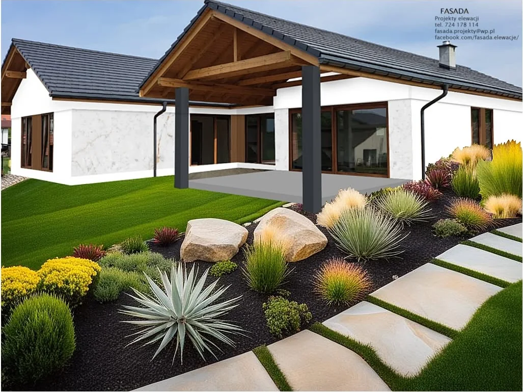 Contemporary house with white render, dark roof and exposed timber beams over the terrace