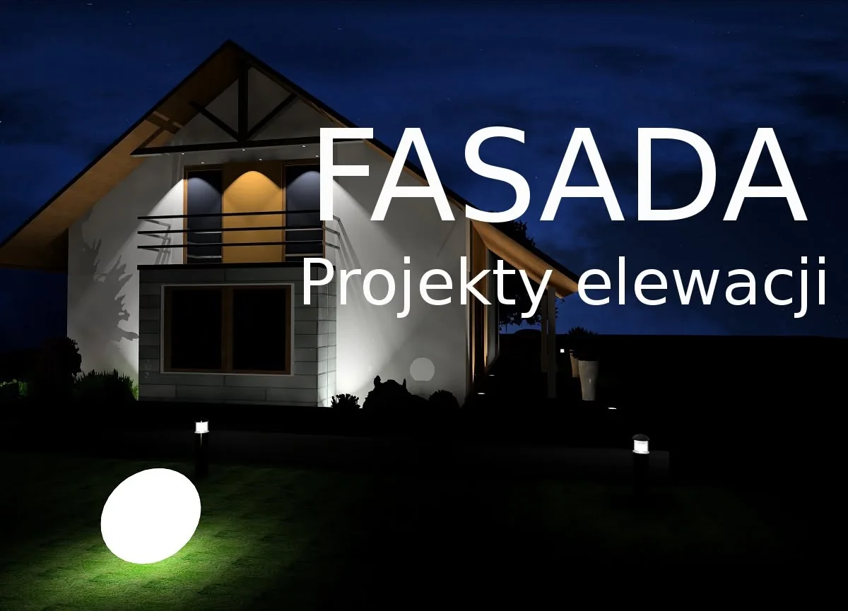 Evening visualisation of a house facade with warm facade lighting and a lit gable