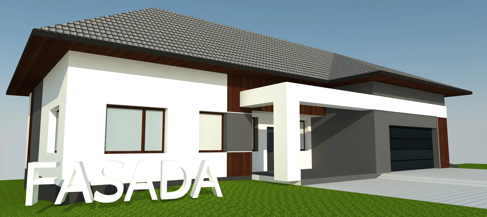 Modern house design with a flat roofed garage wing and grey and white render