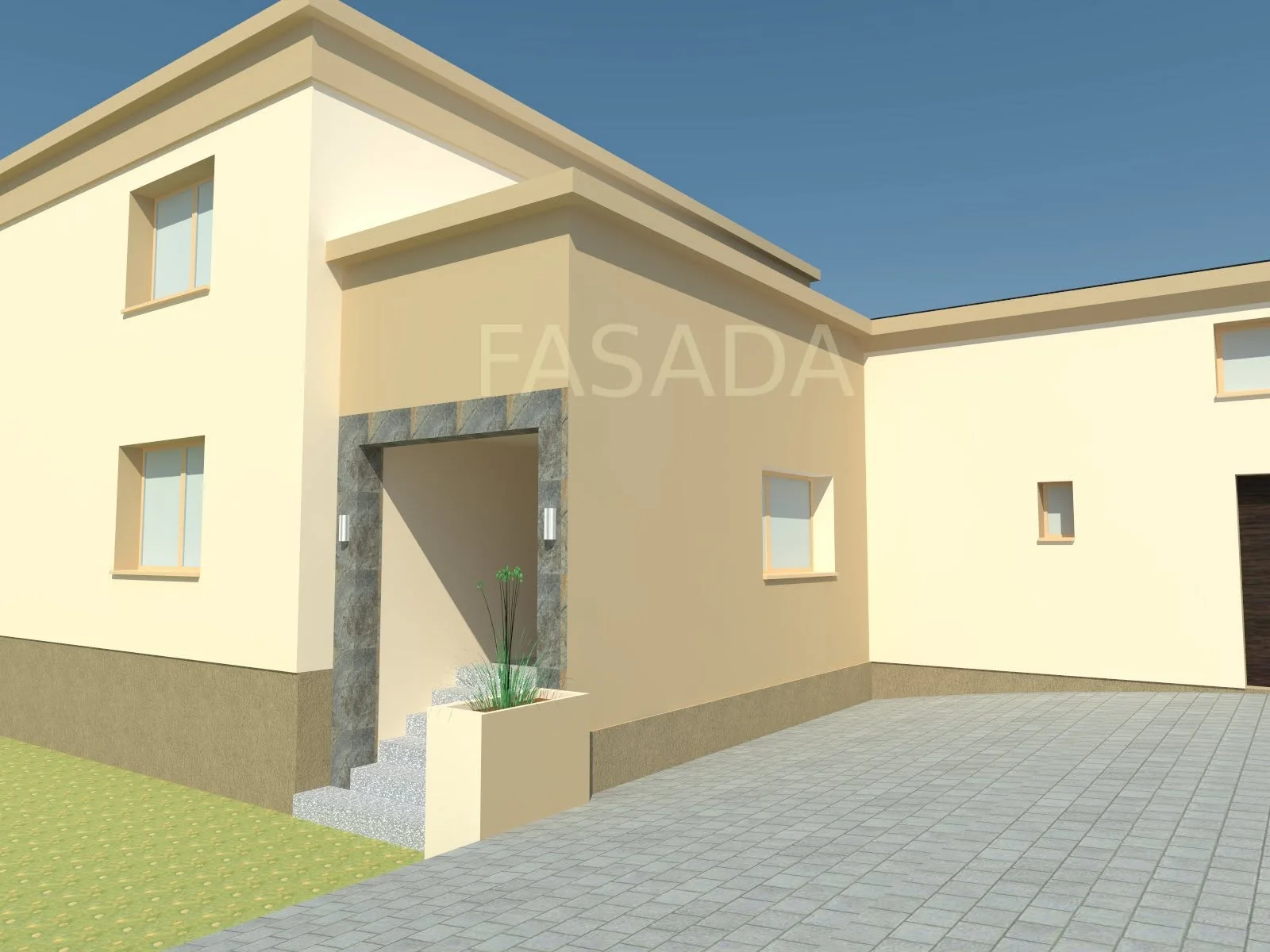 Facade design in warm sand tones with a recessed entrance and stepped approach