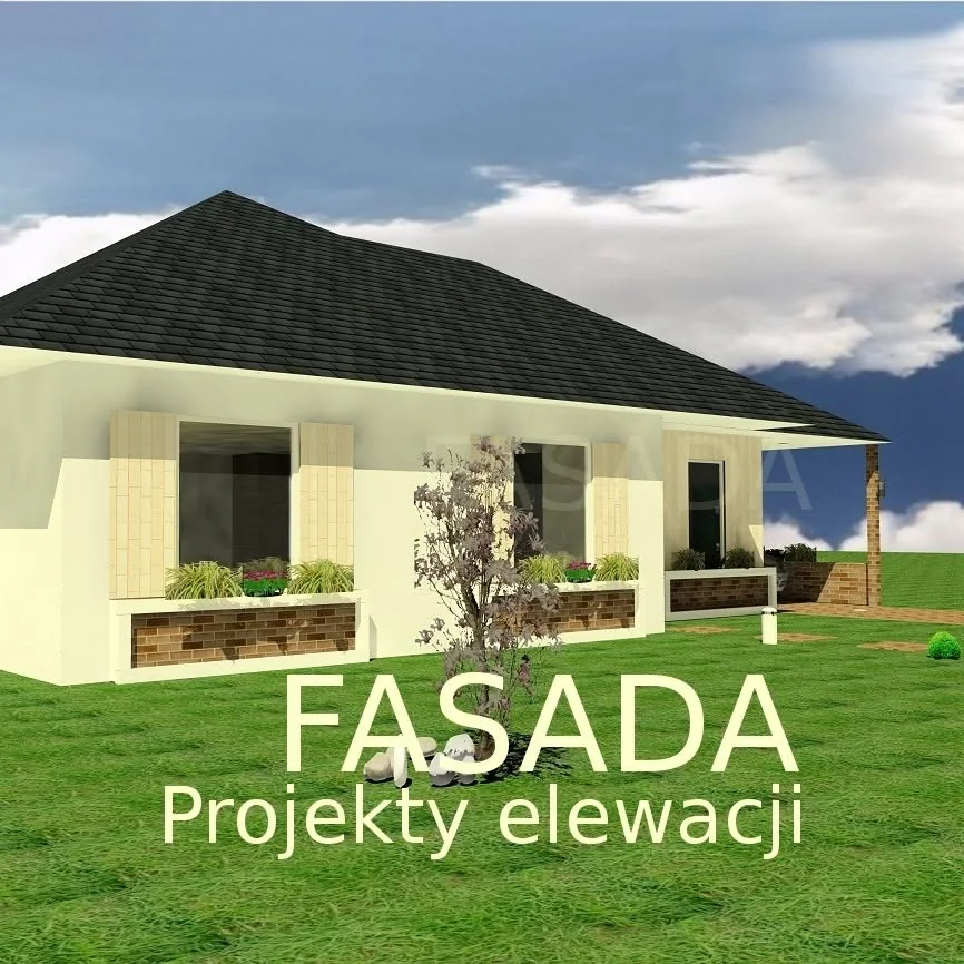 Single storey house design with a hipped roof and planted approach