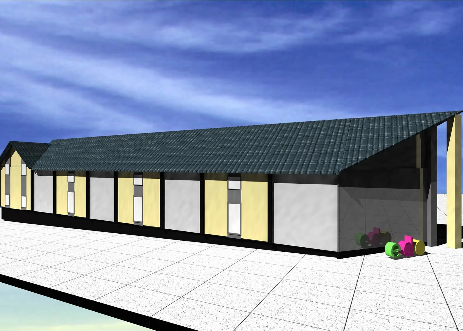Long single storey commercial building with a dark roof and rhythmic window bays