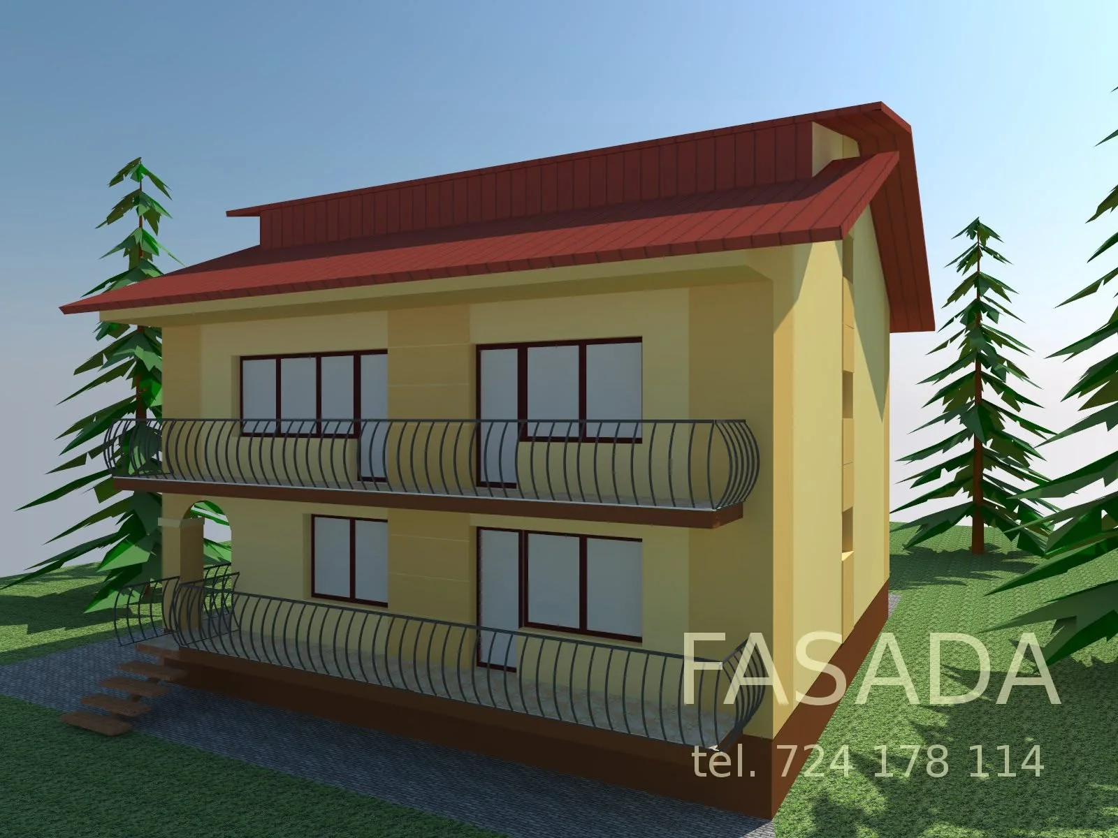 Facade design of a two storey house with balconies and a red roof